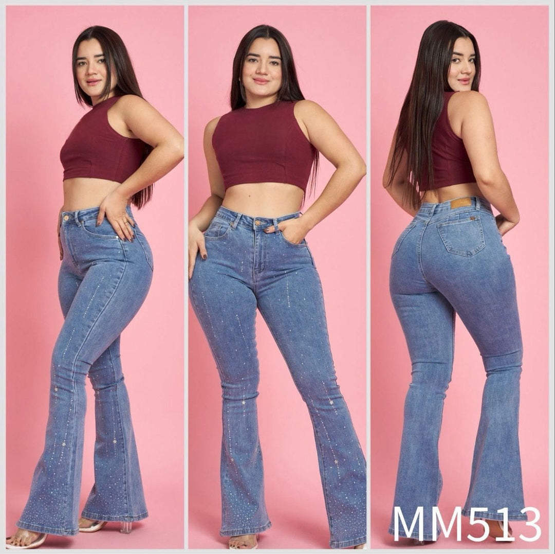 Jeans Campana con bolsas Claro 513 marca MENNI con brillos
