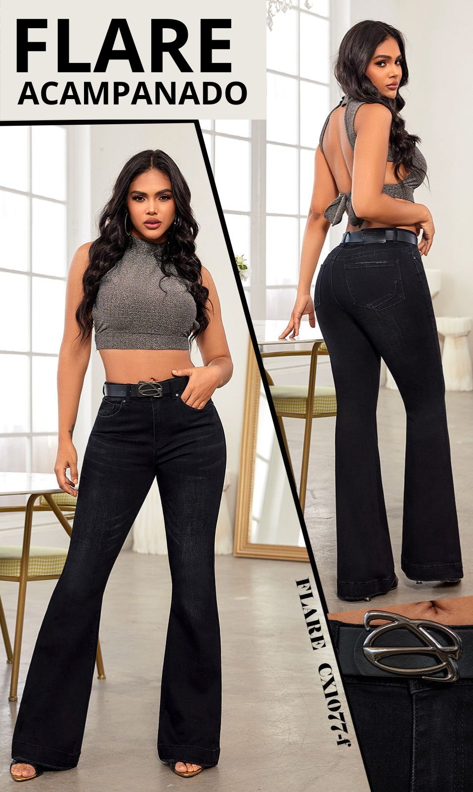 Pantalon Negro Media Campana Americano
