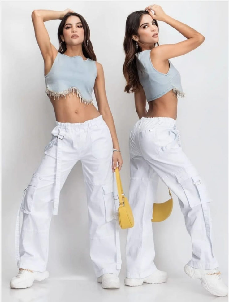 Pantalon Cargo BLANCO Con Bolsas Estilo Amplio 1871