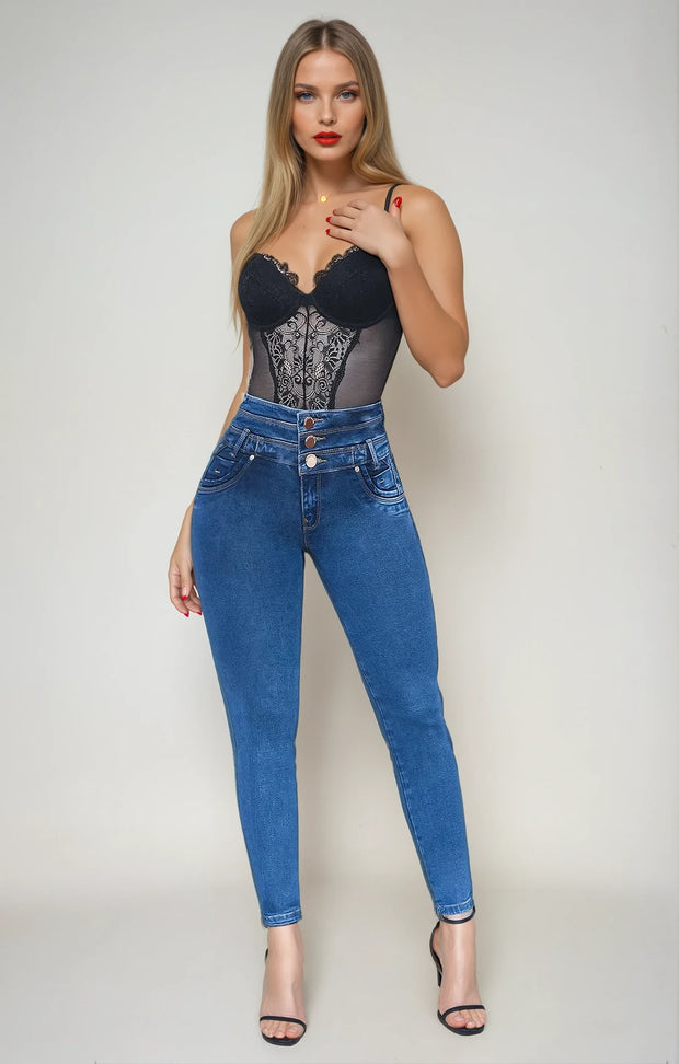 Jeans Levanta Pompa Cintura Alta Miranda Oscuro Premium