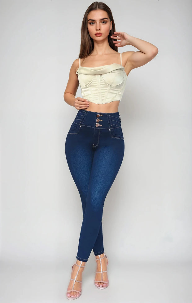 Jeans Levanta Pompa Carrie Oscuro Cintura Alta