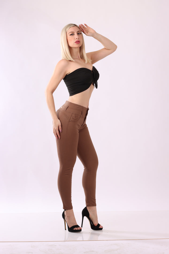 Jeans Levanta Pompa Color Kaki Sin Bolsas Push UP