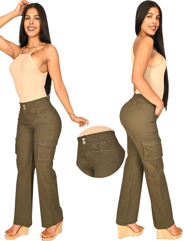 Jeans Levanta Pompa CARGO VERDE OLIVO Sin Bolsas